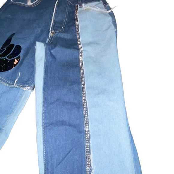 Upcycled Denim Jeans Bell Bottom Size Medium Leopard Raw Edges Handmade Retro - Picture 4 of 6